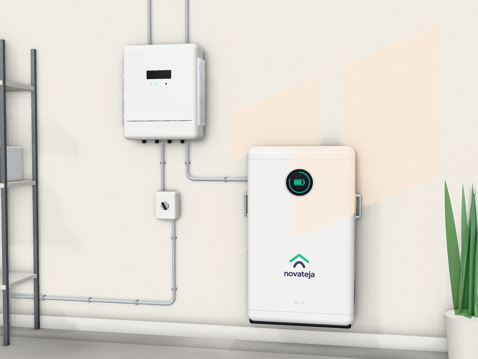 Novateja home lithium battery, wall-mounted next to the solar inverter