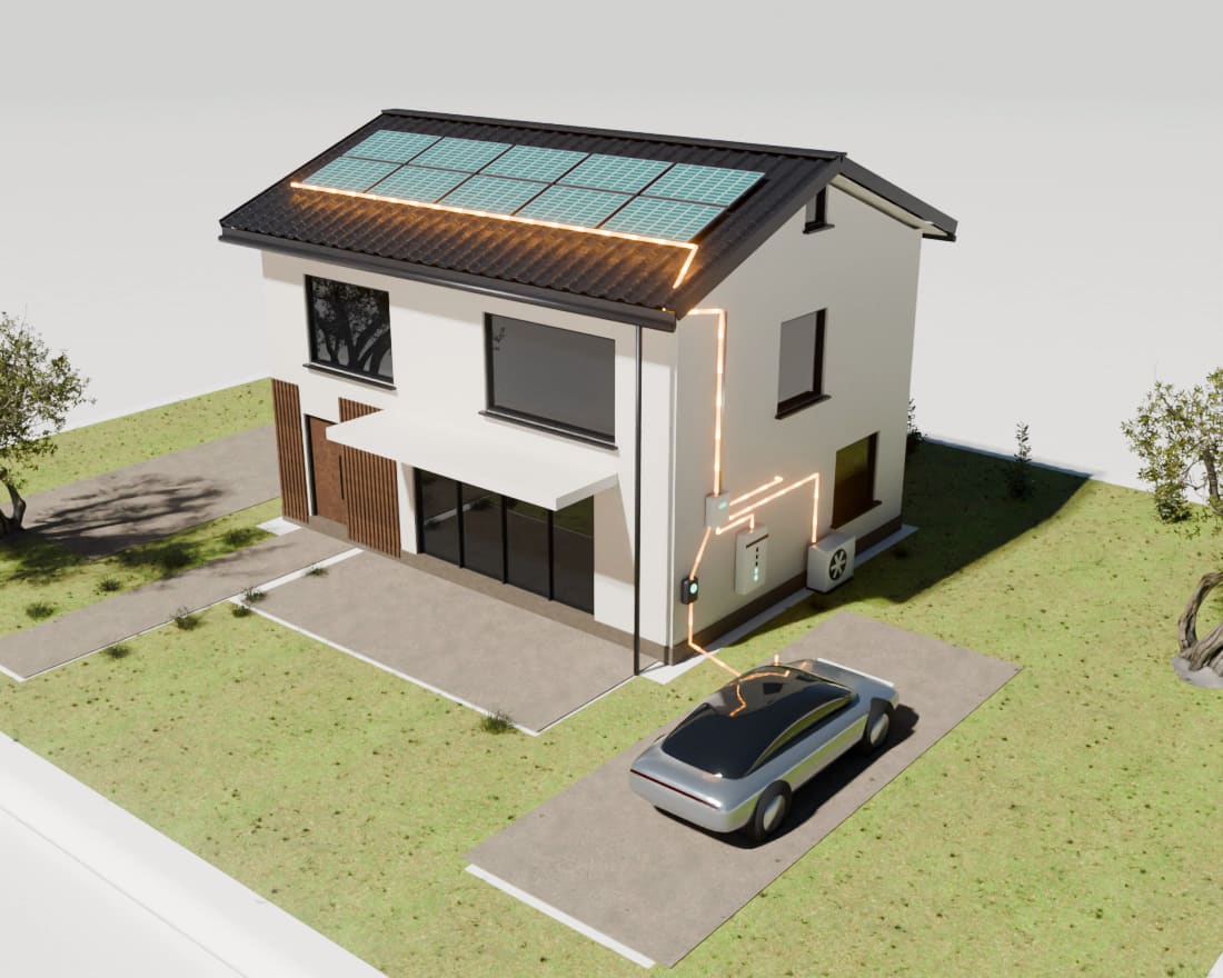 Video: a house with solar panels from day to night. By day the panels power the house and charge the battery, the electric car and the heat pump; at night the battery powers the house and the car.